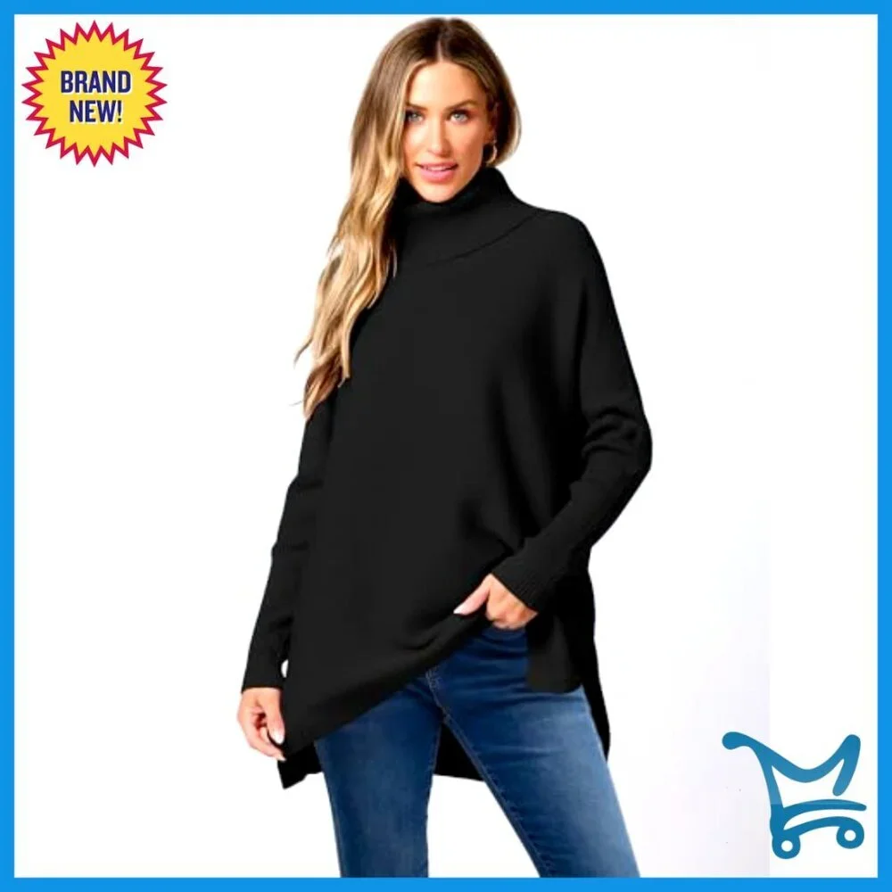 Oversized Turtleneck Batwing Sleeve Split Hem Knit Pullover Sweater - Picture 2 of 7